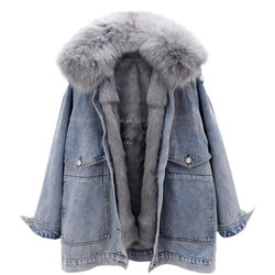 ລະດູໜາວປີ 2023 ຮູບແບບໃໝ່ fox fur collar ຖອດອອກໄດ້ rex rabbit fur lining denim parka ເປືອກຫຸ້ມນອກຂົນຂອງແມ່ຍິງ