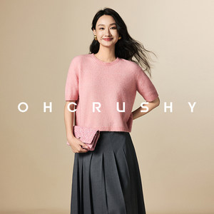 OHCRUSHY miu系少女粉羊毛马海毛毛衣宽松显瘦短袖针织上衣