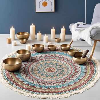 Cotton and linen tassel meditation singing bowl healing hall layout zen kneeling meditation floor mat sound therapy round carpet nepal