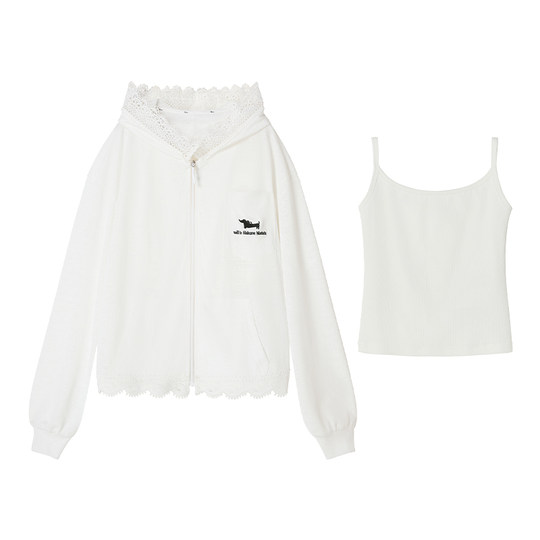 【缱绻风信】Uena白色蕾丝边连帽开衫卫衣外套真两件背心吊带套装
