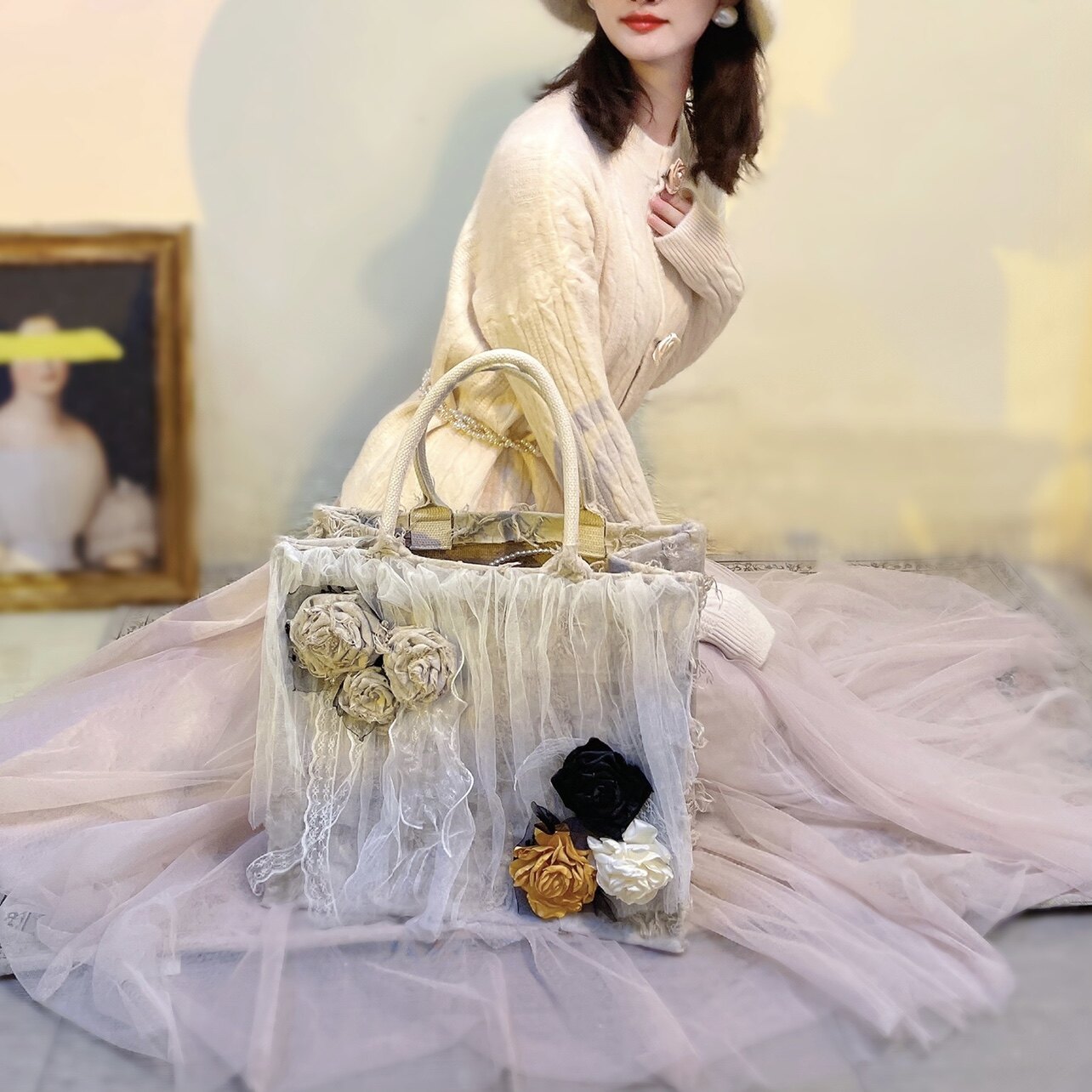 Miss Cat | Vintage Wabi-sabi Style Tote Bag, Handmade with Dried Rose Design, Large Capacity Wedding Dress Bag for Women