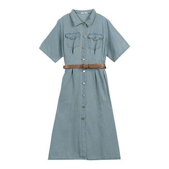 Denim dress ແມ່ຍິງ 2023 summer ແບບໃຫມ່ 220 pounds fat mm ສາຍແອວຂະຫນາດໃຫຍ່ແອວແອວ retro slim ເສື້ອ dress