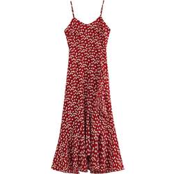 Migu ສີແດງ floral dress ຝຣັ່ງ chiffon suspender skirt ແມ່ຍິງ summer Sanya vacation beach dress high-end skirt ຍາວ