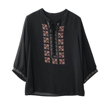 Boucherie ສາມໄຕມາດ sleeve printed lace-up chiffon shirt for women 2024 new round neck fashionable top thin spring fashion