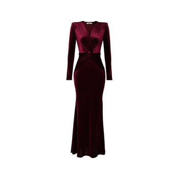 Xulu ຕົ້ນສະບັບສີເຂັ້ມ temperament velvet hip-hugging fishtail skirt elegant ແລະ intellectual right-angle shoulder twist v-neck dress