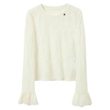 Sancai 2025 new winter textured lace shirt jacquard round neck shirt trumpet sleeves slim fit m