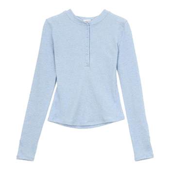 Slim fit crew neck henley shirt for women pleated light luxury long sleeves