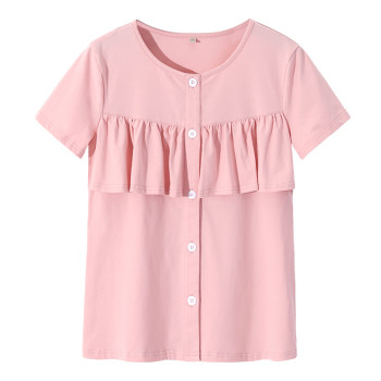 ເສື້ອຢືດ ruffle edge anti-bulge top single piece cotton sleeves short unpadding to cover the chest open button wear for women