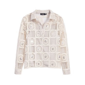 Desigual25 new autumn and winter knitted crochet hollow sequin decorated polo collar women's shirt