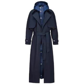 Denim patchwork fake two-piece hooded parka
