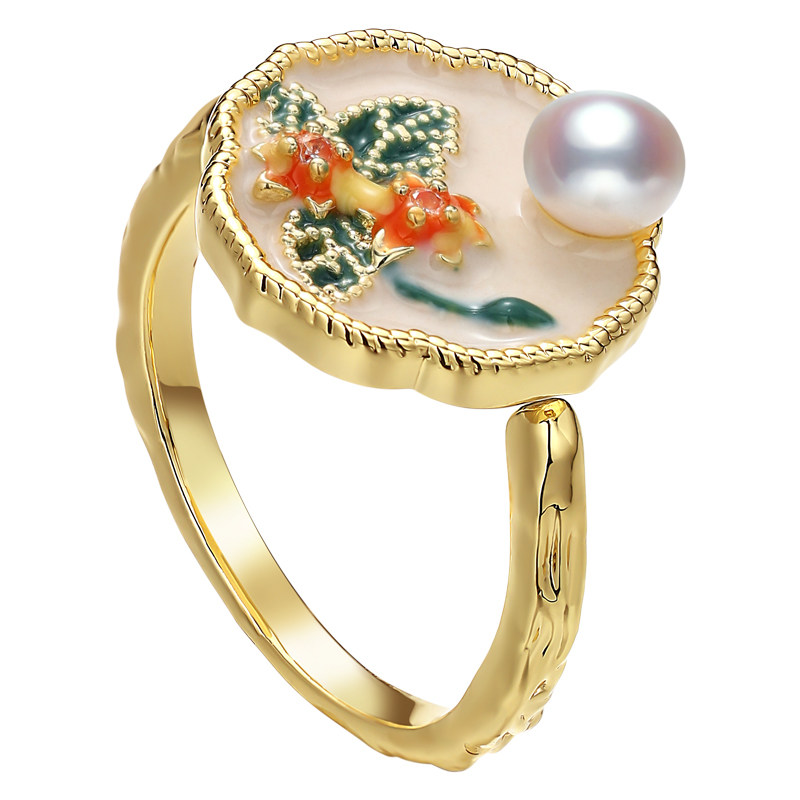 Yue Gong Oil Painting Style Freshwater Pearl Adjustable Ring