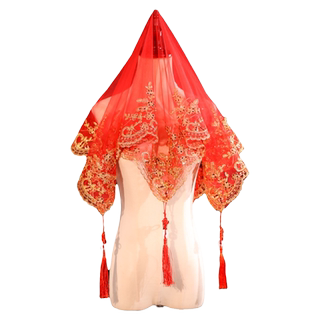 Red hijab embroidered wedding veil with red high-end tassels