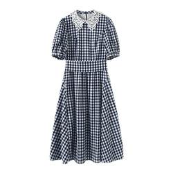 HeyDress French plaid dress women's summer new waist doll collar skirt high waist long skirt