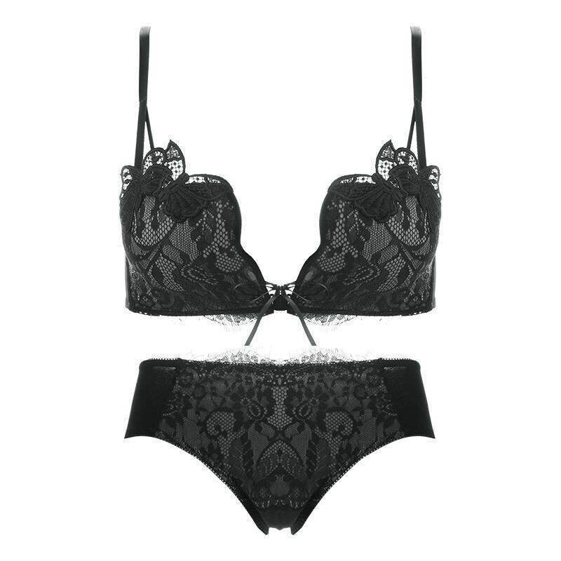 Front-fastening bra set for women with small breasts, push-up and support, no underwire, sexy lace bra set.