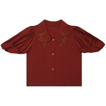 Kamo Original Design Niche Short-Sleeved Trendy Red Shirt Embroidered Blouse Puff Sleeve Shirt Women's Vintage Top Summer