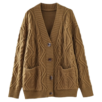 Twist Flowers V Neckline Buckle Knit Cardiovert Women Autumn Winter Korean Version 100 Hitch Loose Lazy Wind Pure Color Thickened Sweater Jacket