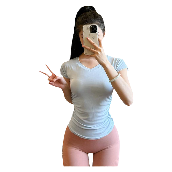 
Blue yoga top tight fast drying slim autumn and winter thin sports short-sleeved T-shirt training Pilates fitness clothing
