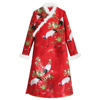 Cotton and Linen Retro Cheongsam Cotton Jacket Chinese Style Crane Lined Cotton Velvet Lined Robe Women's Thickened