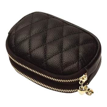 2025 new first-layer cowhide diamond embroidered thread key ring buckle coin bag double-layer zipper genuine leather small coin wallet for women