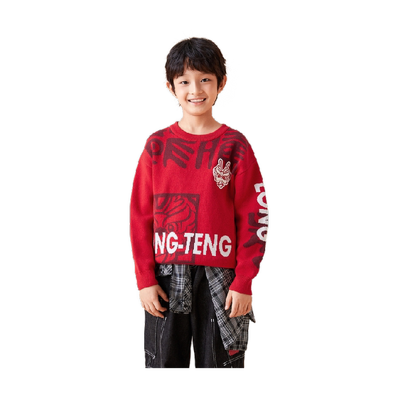 
Balabala children's sweater spring new style children's clothing men's big children's round neck red New Year's greeting sweater