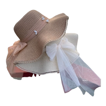 Beach Hat Womens Summer Pearl Mesh Bow Sun Protection Sun Hat Foldable Seaside Vacation Travel Straw Hat