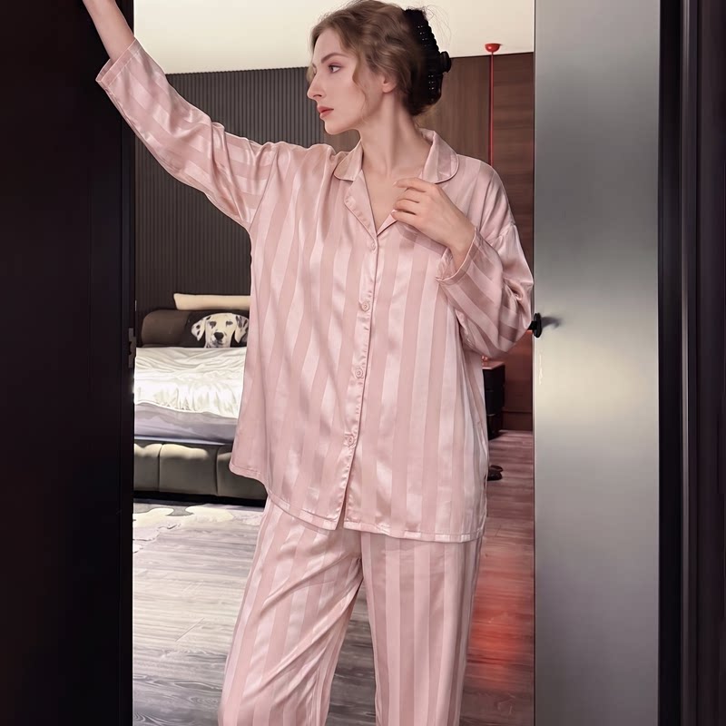 DR High-End Ice Silk Satin Pajamas for Women, Autumn 2026 New Style, Long Sleeve Striped, Premium Comfortable Home Wear Set