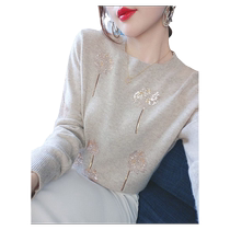 Elegant and exquisite sequined long-sleeved sweater for women early spring new style western style sweater pullover round neck top