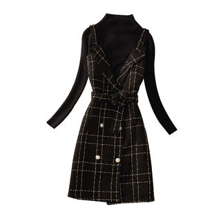 小香风吊带连衣裙女2026春秋新款法式复古气质收腰显瘦a字短裙子