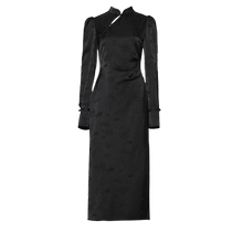 DPLAY2024 Autumn New Chinese Style Black Stand Collar Waist Satin Jacquard National Style Dress Little Black Skirt for Women