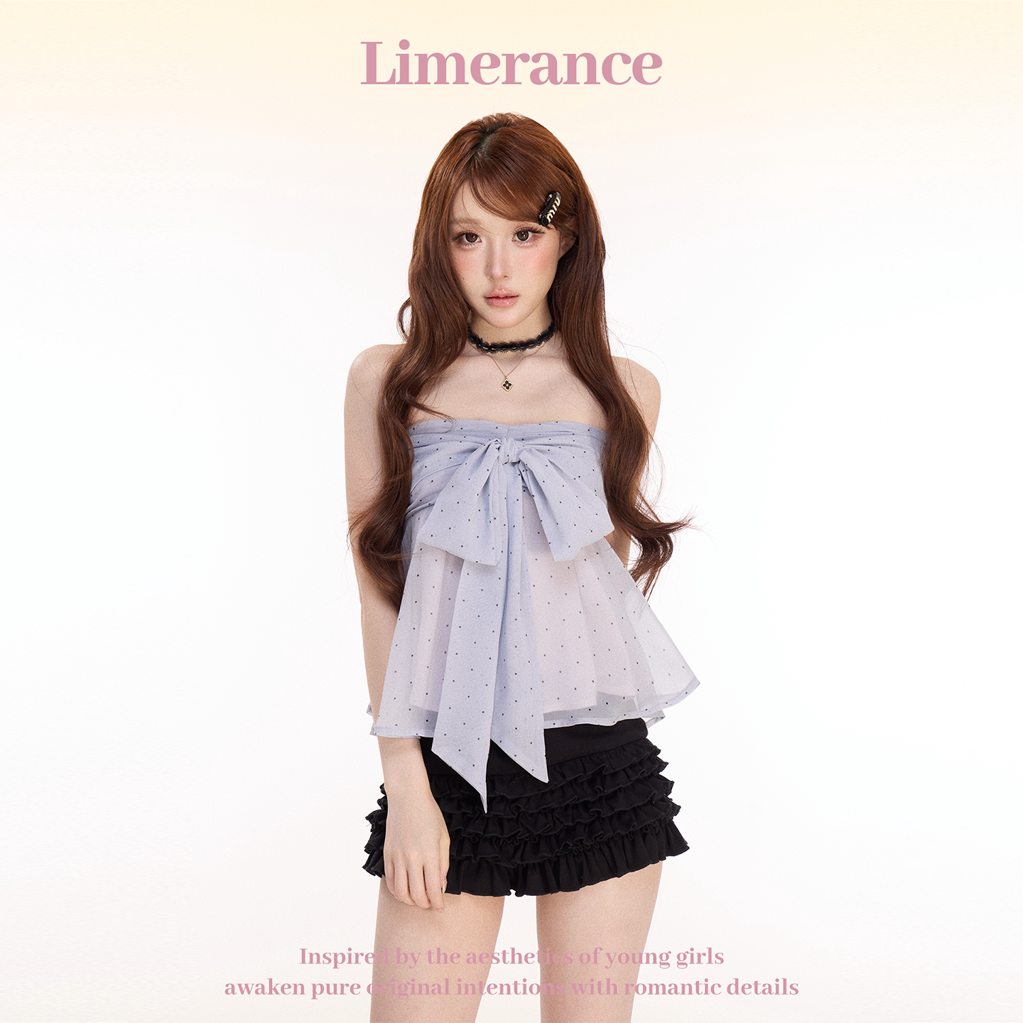 Cloud-like gray chiffon polka dot bow strapless top with lace cardigan and ruffled cake shorts set for women