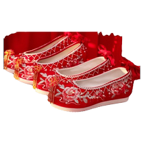 (Language of Flowers) Original Chinese Xiuhe Wedding Shoes Ancient Style Red Hanfu Bridal Wedding Shoes Womens Height Increase Embroidery