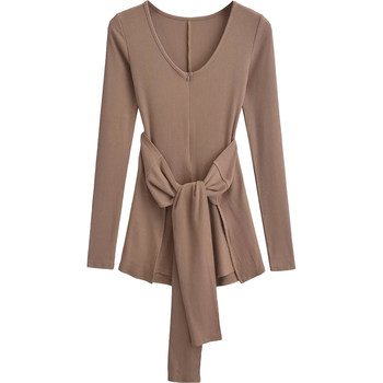 Kardashian-Style Hot Girl V-Neck Zipper Half-Open Long-Sleeve Slim-Fit Jumpsuit with Waist Tie Two-Piece Set Trendy T-Shirt