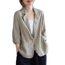Beige cotton and linen sun protection suit jacket for women 2024 summer new retro fashion lapel three-quarter sleeve top