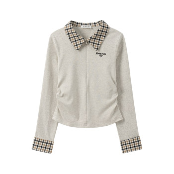 ສີຄີມ universe plaid polo collar half-zip inner-sleeved t-shirt women's preppy waist fake two-piece top