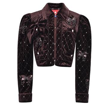 LE FAME/La Feim ລະດູໃບໄມ້ຫຼົ່ນໃໝ່ retro sequined bow temperament quilted cotton velvet short jacket