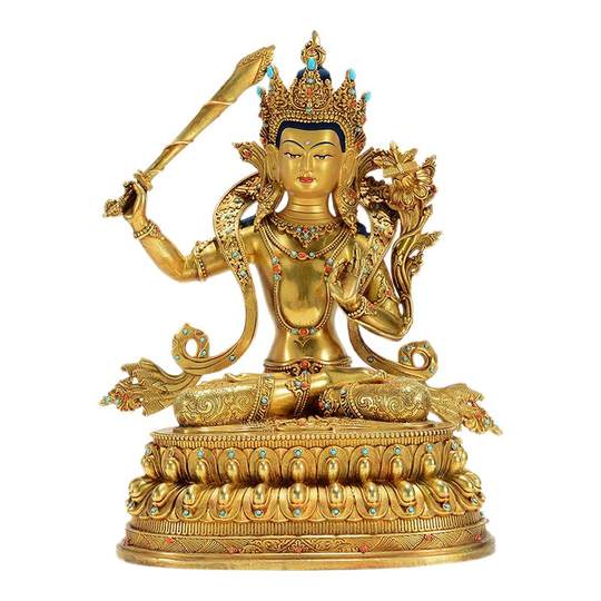 藏村全鎏金《文殊菩萨》精工铜雕室内家用《文殊师利》铜佛像摆件