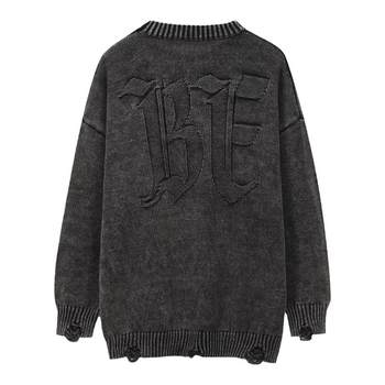 BLACK OF EXIT High Street Washed Destroyed Letters Loose Sweater Men's National Fashion Cotton Pure Cotton Sweater Style Couple