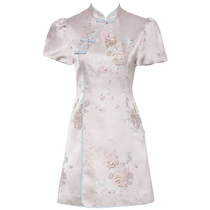 DPLAY2024 new summer style Chinese style national style pink satin jacquard cheongsam short skirt dress short skirt for women