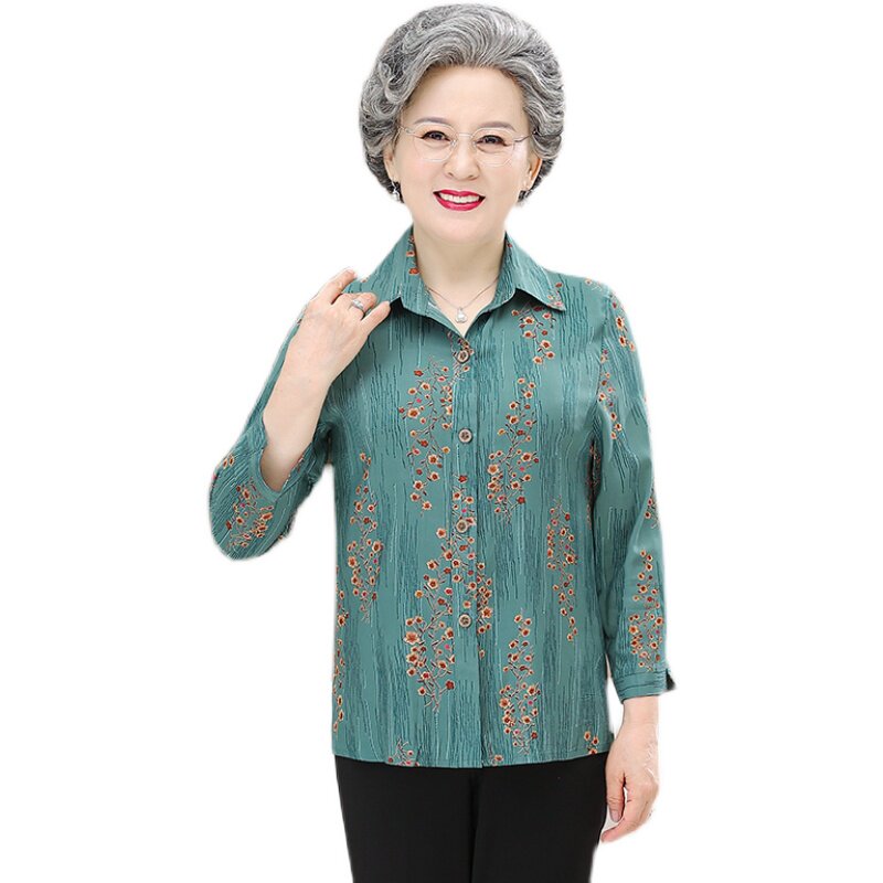 เสื้อเชิ้ตสำหรับคุณย่า สตรีวัยกลางคนและผู้สูงอายุ ผ้าบาง สำหรับคุณแม่อายุ 60-70 ปี เสื้อคาร์ดิแกนฤดูใบไม้ผลิ เสื้อผ้าฤดูร้อนสำหรับคุณแม่สามี