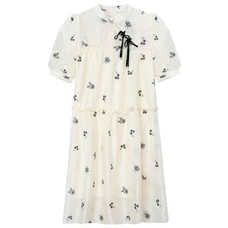 紫涵立领斜门襟连衣裙女秋季A字中长裙国风宽松高腰满印雏菊绣花