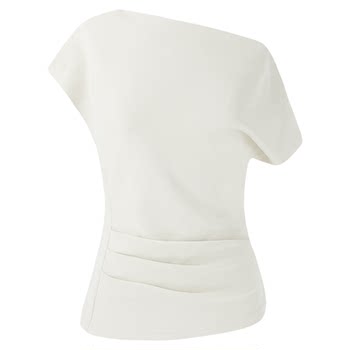 Syt original temperament one-line collar pinch-pleat waist short-sleeved top for women 2026 spring new slim fit t-shirt