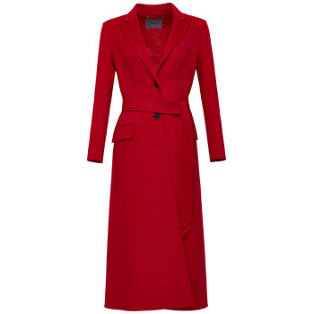 OBEG欧碧倩冬优雅中长款双面呢红色羊毛大衣系带收腰1094208