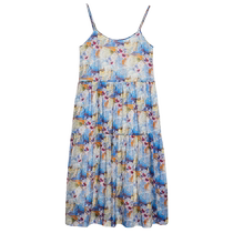 (Flower of the Ocean) puretea tea silk cotton pleated suspender skirt womens printed dress 2024 summer new style