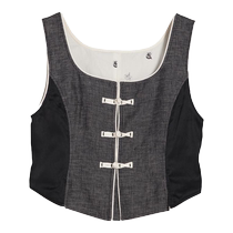 (New Chinese style) puretea tea square collar plate buckle linen vest womens contrasting vest 2024 summer new style