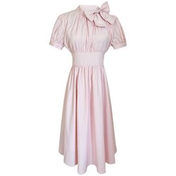 Honeyrubao Love Notebook Pink Striped Waist Puff Sleeve High Waist Long Dress