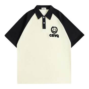 CSVQ Original Smiley Face Towel Embroidered Lapel Contrast Color Raglan Sleeve POLO Shirt Short Sleeve T-Shirt Men's and Women's Large Size Top