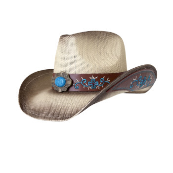 New Style Western Cowboy Hat for Women, Summer Sun Hat with Tibetan Pattern, Ethnic Style Outdoor Travel Straw Hat