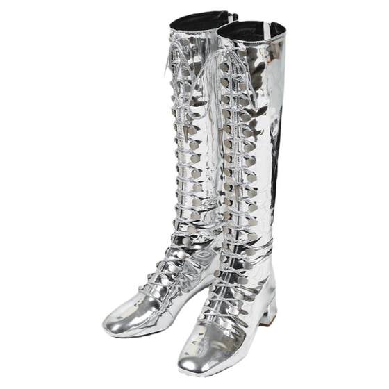 Gold and silver patent leather long boots, thick heel high tube Martin boots, model stage performance competition, small size fashion runway shoes