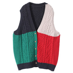 Wuge Spring and Autumn Clothing 2023 New Women's Loose Large Size Artistic Color Block Knitted Sweater Cardigan Vest Jacket