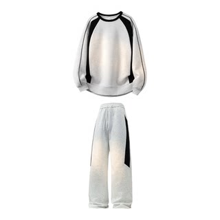 悟空有货潮牌撞色拼接圆领卫衣休闲套装男复古秋季百搭卫裤两件套